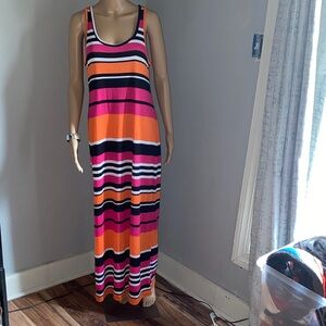 Dots Pink, Orange & Black Striped Racerback Maxi Dress